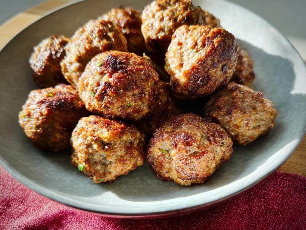 A close-up of several golden-brown Homemade Meatballs (Oven-Baked) piled high in a light gray bowl.