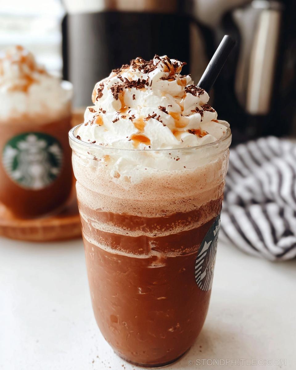 A close-up of a blended, icy Mocha Frappuccino topped with whipped cream, chocolate shavings, and caramel drizzle.