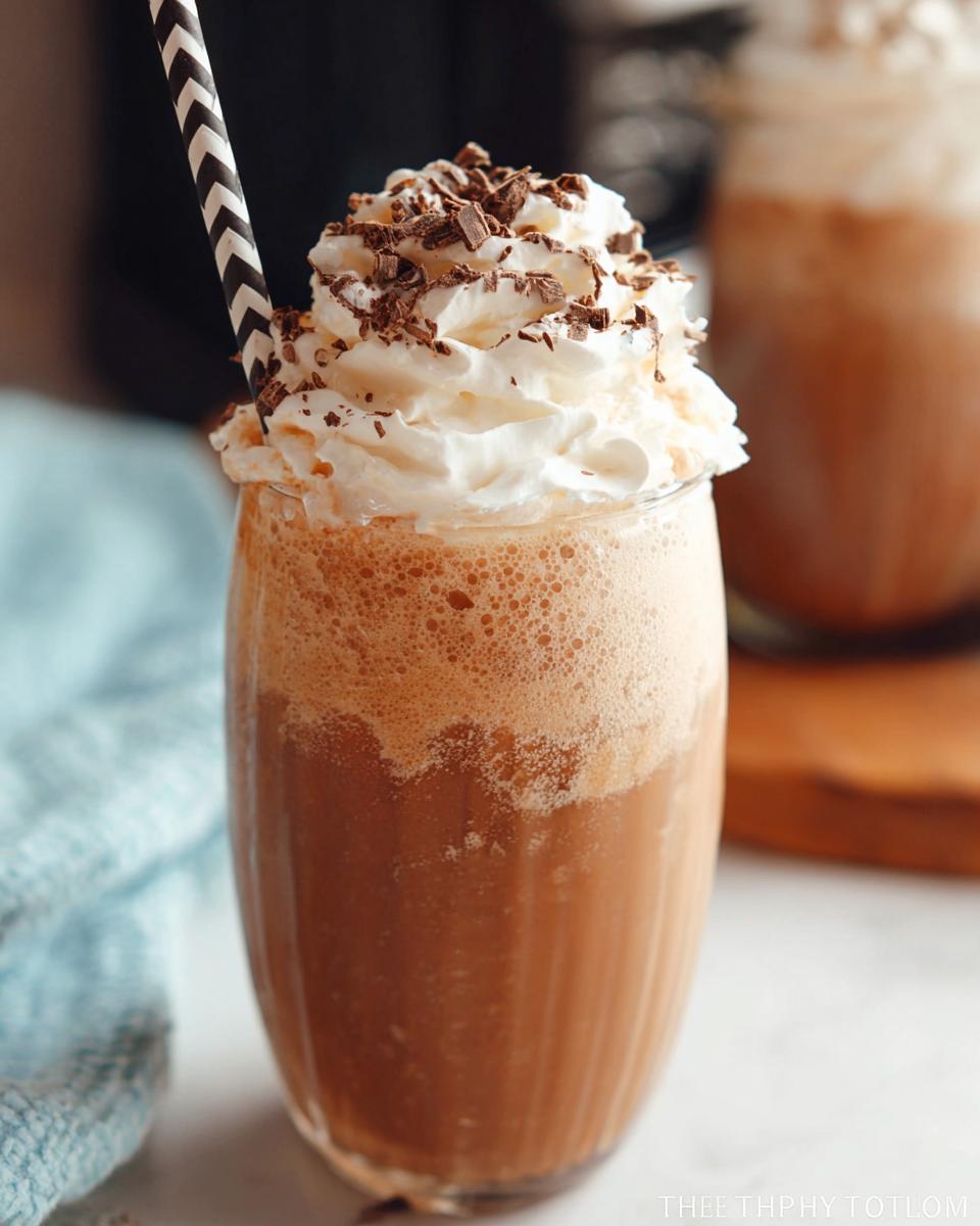 A tall glass filled with a blended Mocha Frappuccino topped generously with whipped cream and chocolate shavings.