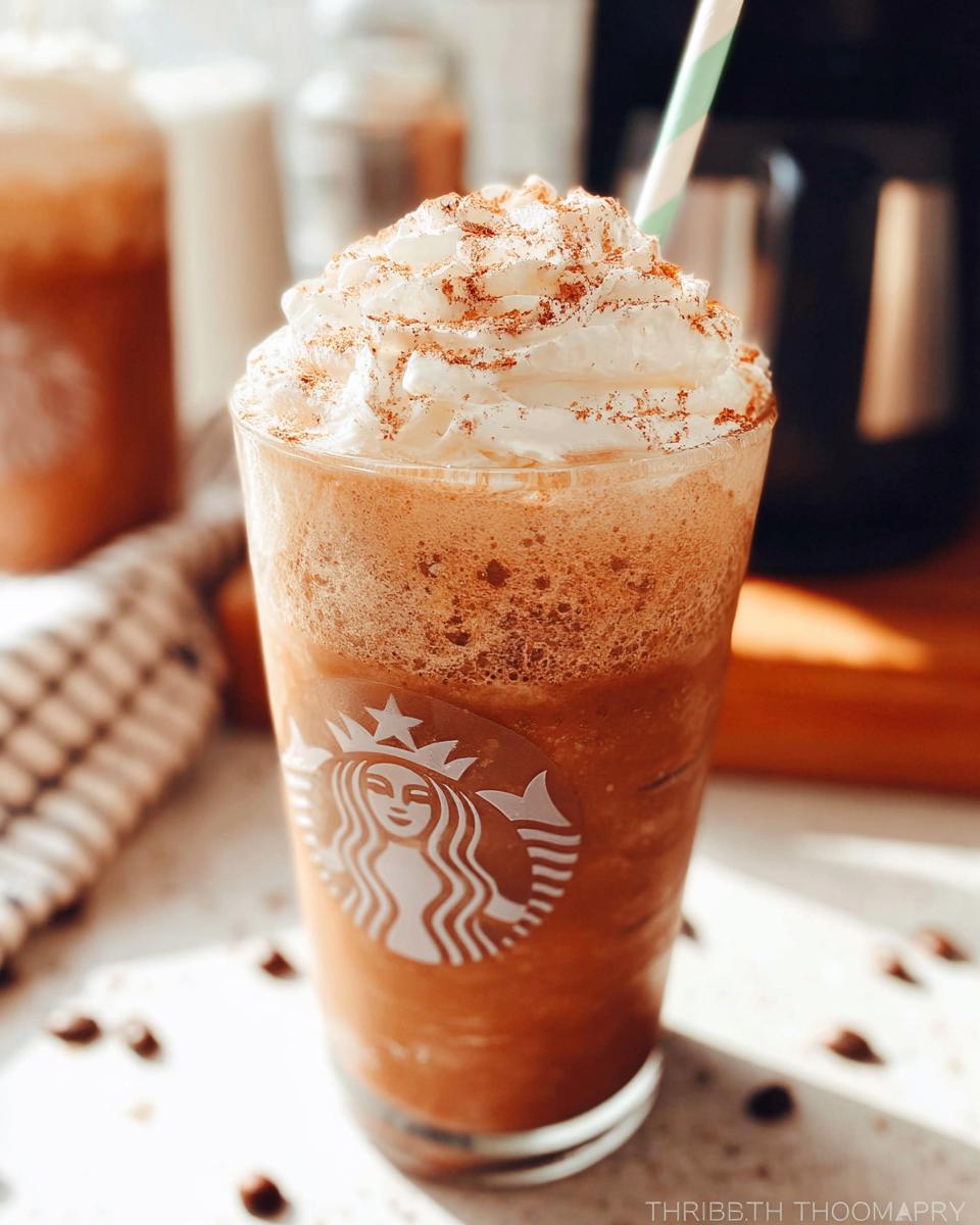 Close-up of a homemade Mocha Frappuccino topped with whipped cream and cinnamon, featuring a Starbucks-style logo on the glass.