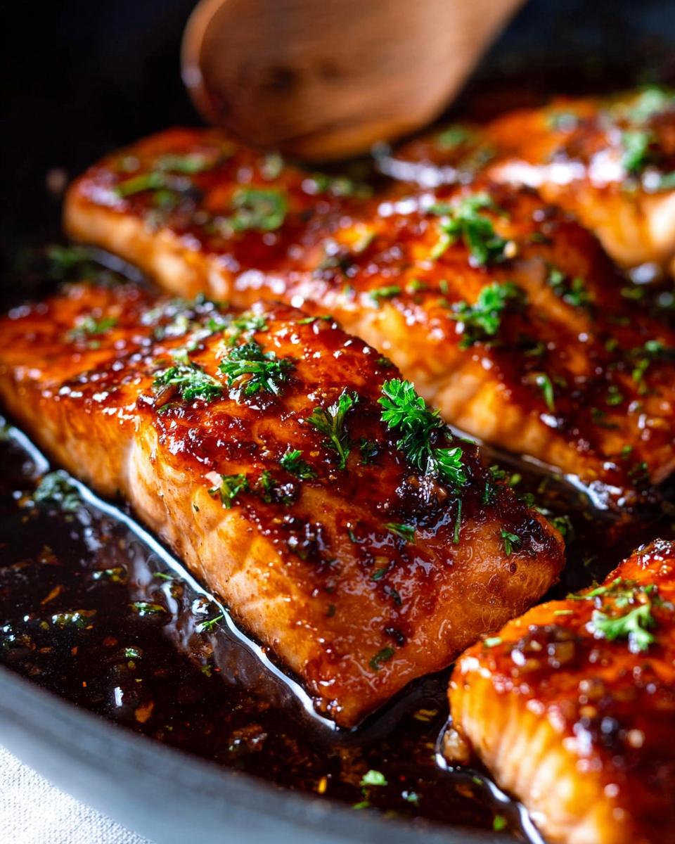 Close-up of glistening Honey Garlic Salmon fillets cooking in a dark, rich glaze, topped with fresh parsley.