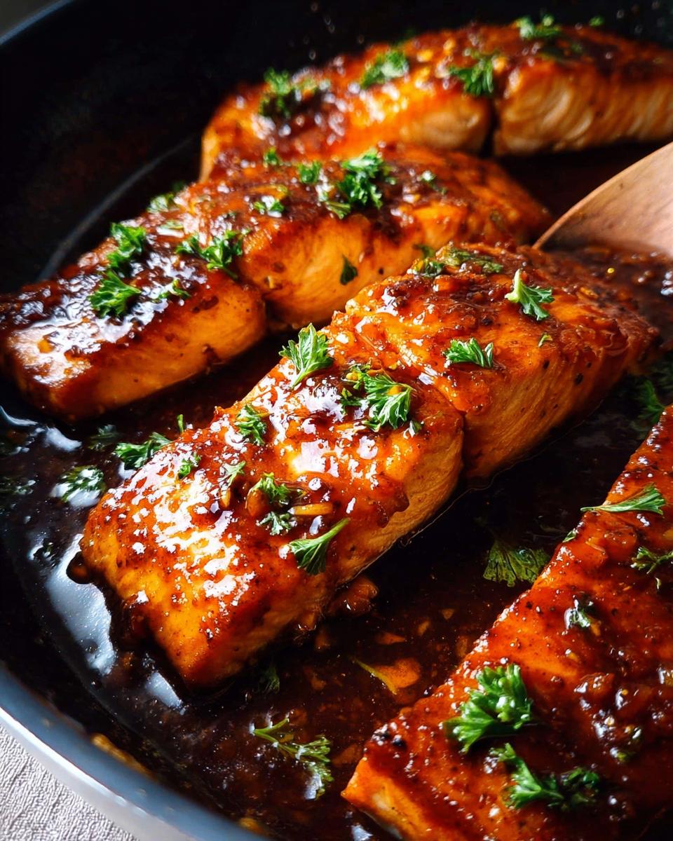 Close-up of four glistening Honey Garlic Salmon fillets covered in a rich, dark glaze and garnished with fresh parsley in a skillet.