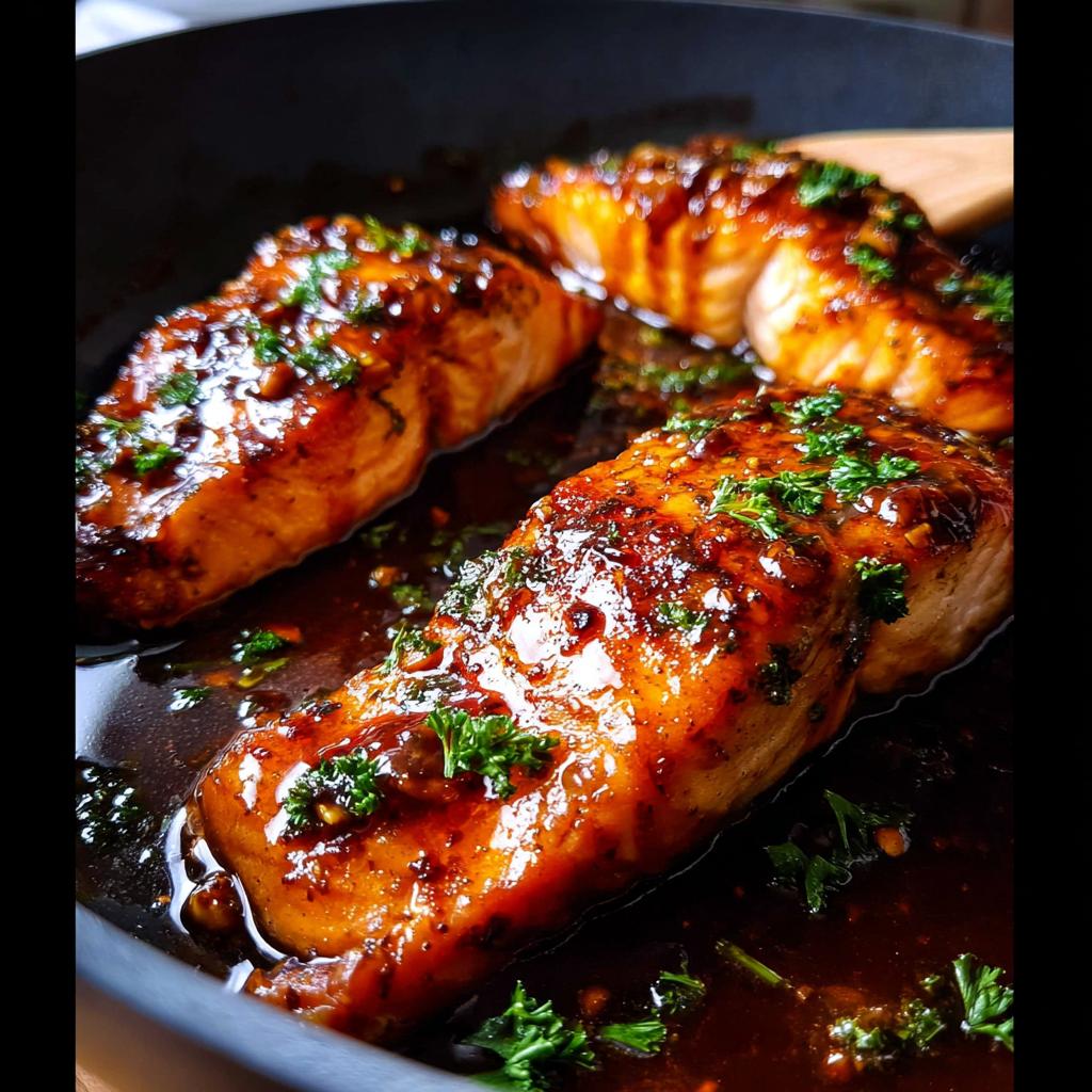 Three glistening fillets of Honey Garlic Salmon cooking in a dark skillet with a rich, thick glaze and fresh parsley.
