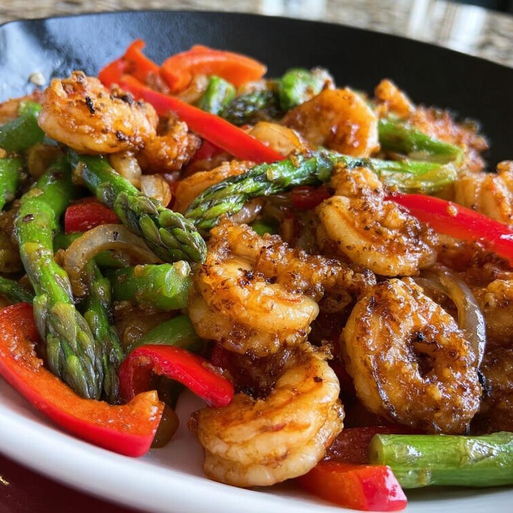 Close-up of perfectly cooked Honey Garlic Shrimp Stir Fry mixed with bright green asparagus and red bell peppers.