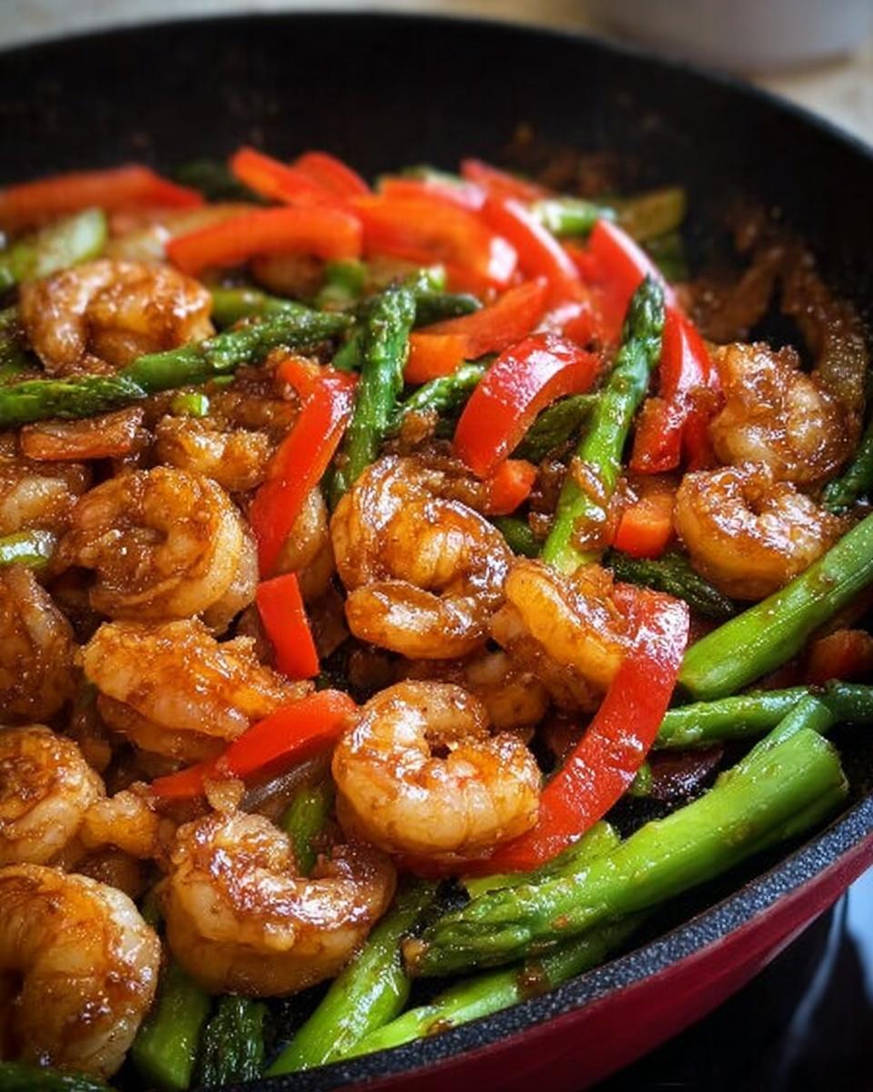 Close-up of glossy Honey Garlic Shrimp Stir Fry with bright green asparagus and red bell peppers in a skillet.