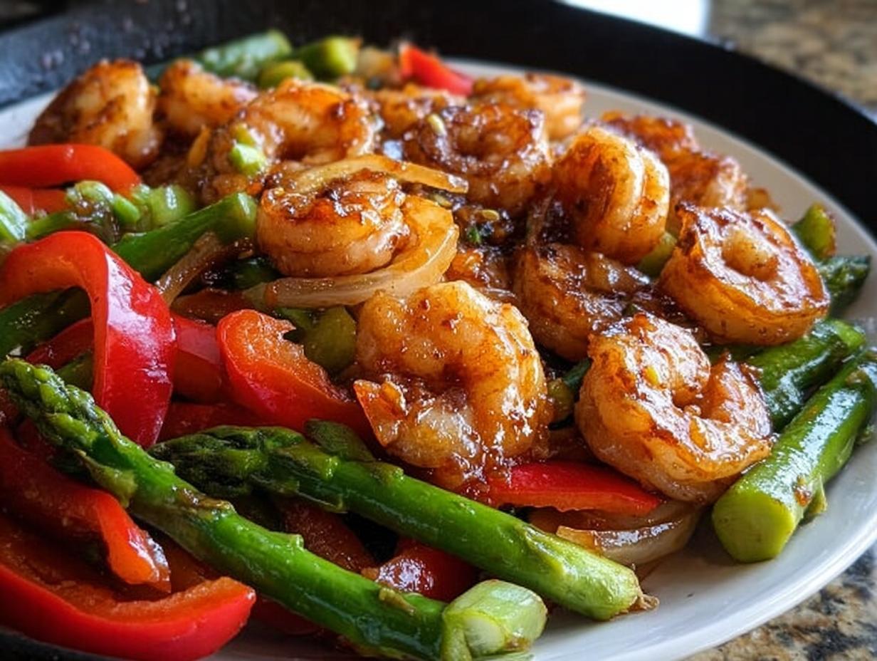 Close-up of glossy Honey Garlic Shrimp Stir Fry mixed with bright green asparagus and red bell peppers.