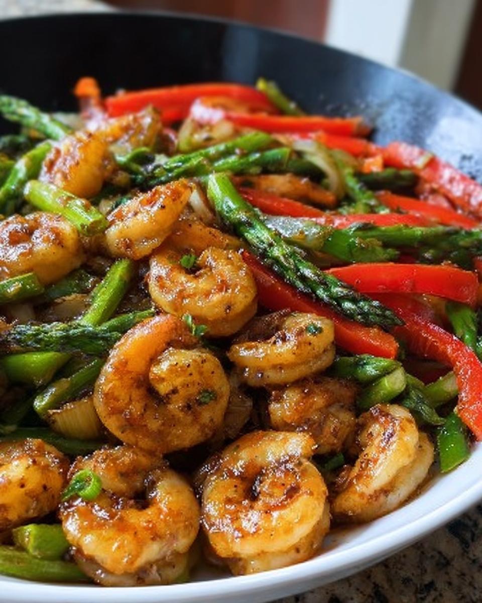 Close-up of glossy, glazed shrimp mixed with bright green asparagus and red bell peppers in a Honey Garlic Shrimp Stir Fry.