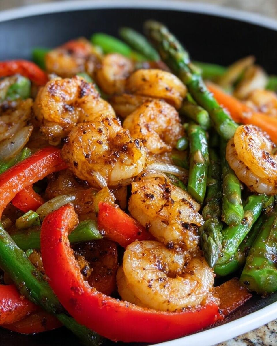 Close-up of perfectly cooked Honey Garlic Shrimp Stir Fry mixed with bright red peppers and green asparagus spears.