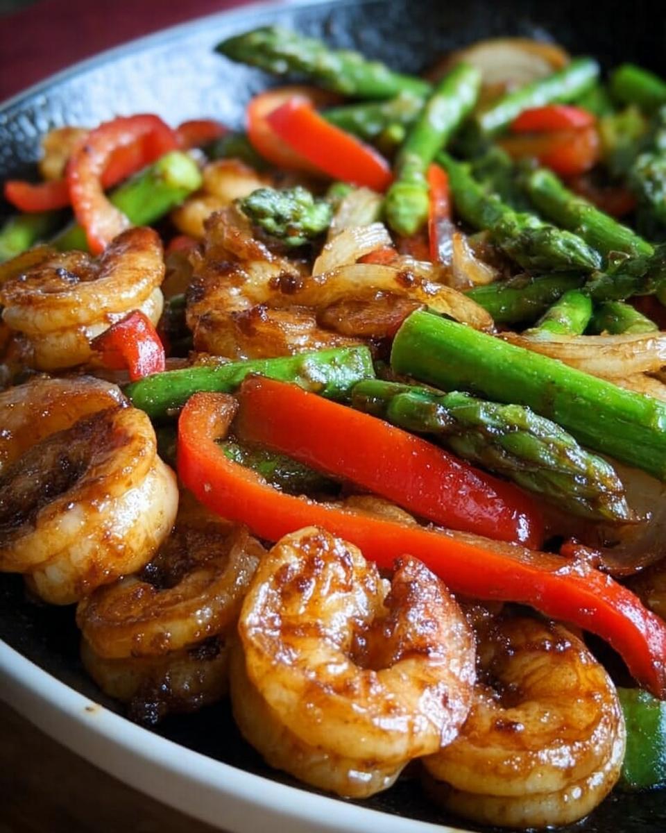 Close-up of glazed shrimp mixed with bright green asparagus and red bell peppers in a Honey Garlic Shrimp Stir Fry.