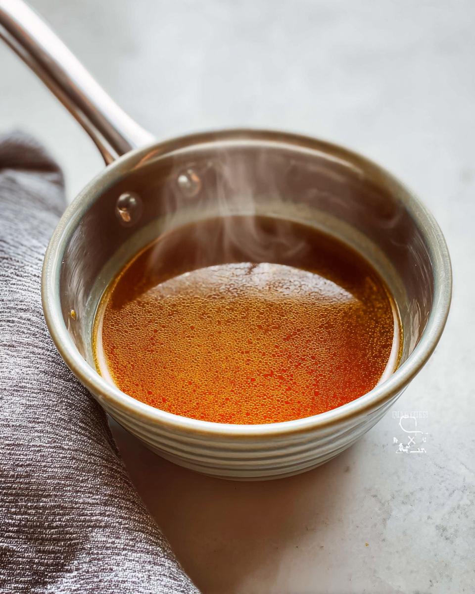 Close-up of steaming, rich brown liquid, the Best Homemade Au Jus Recipe, in a small stainless steel saucepan.