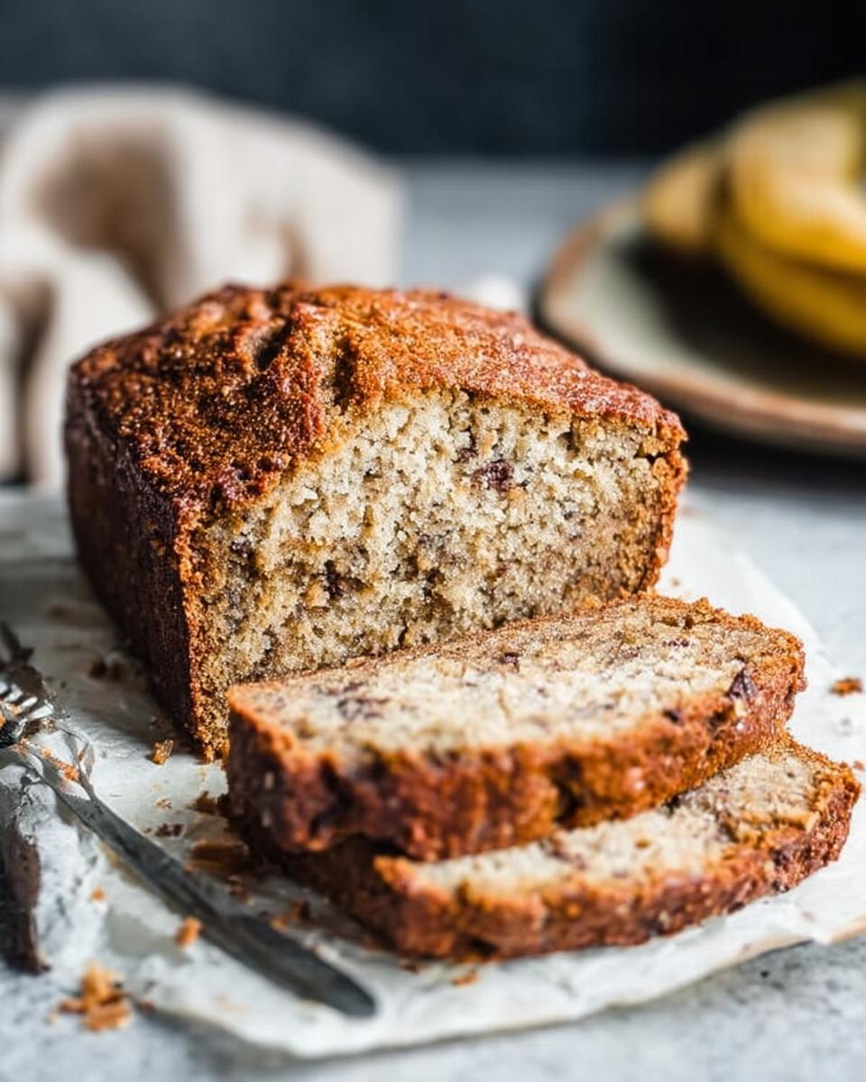 A close-up of a foolproof banana bread loaf, sliced to reveal its moist texture and banana chunks.