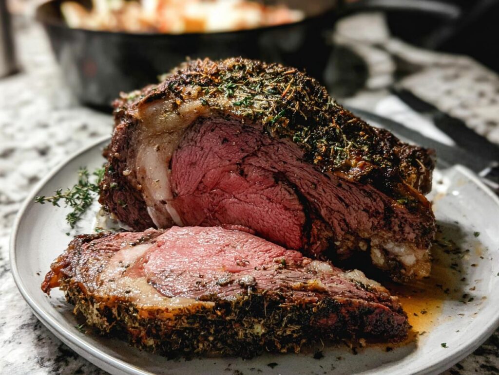A thick slice of medium-rare prime rib roast, featuring a dark herb crust, resting on a plate.