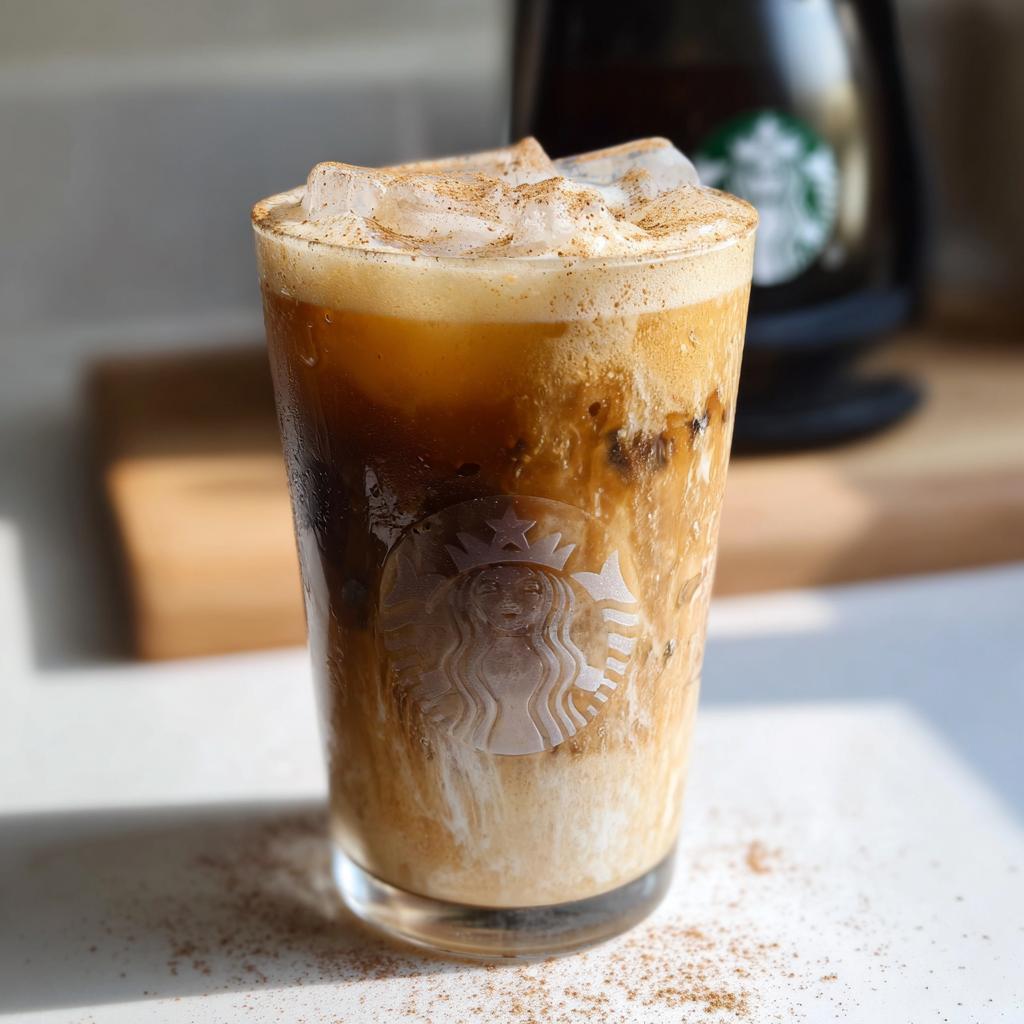 A tall glass of Iced Brown Sugar Oatmilk Shaken Espresso topped with ice and cinnamon.