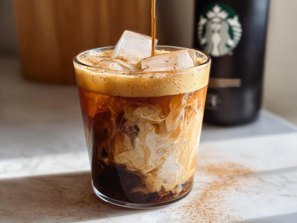 Espresso being poured over ice and oatmilk to create an Iced Brown Sugar Oatmilk Shaken Espresso.
