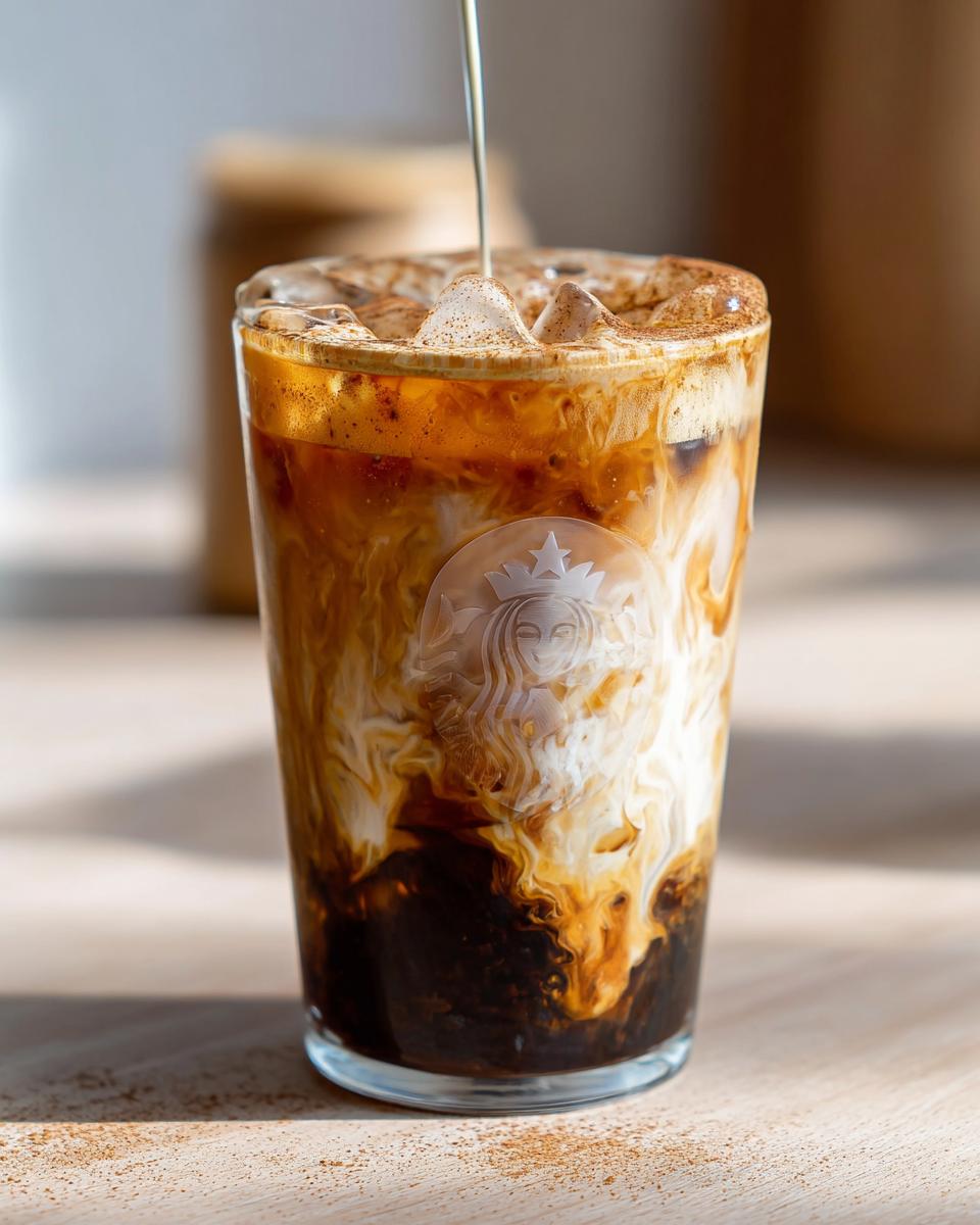 Close-up of Iced Brown Sugar Oatmilk Shaken Espresso with oatmilk swirling into the dark espresso.