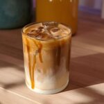 Close-up of an iced caramel macchiato, a Starbucks drink recipe, with caramel drizzle and ice.