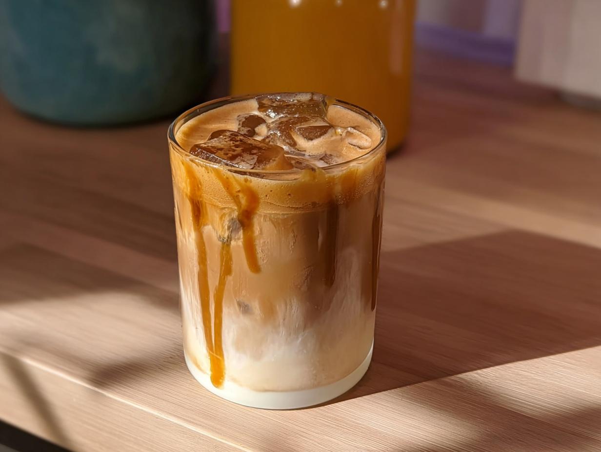Close-up of an iced caramel macchiato, a Starbucks drink recipe, with caramel drizzle and ice.