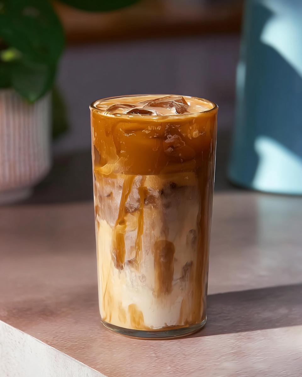 Close-up of an iced caramel macchiato, a Starbucks drink recipe everyone asks for, with layers of milk, espresso, and caramel drizzle.