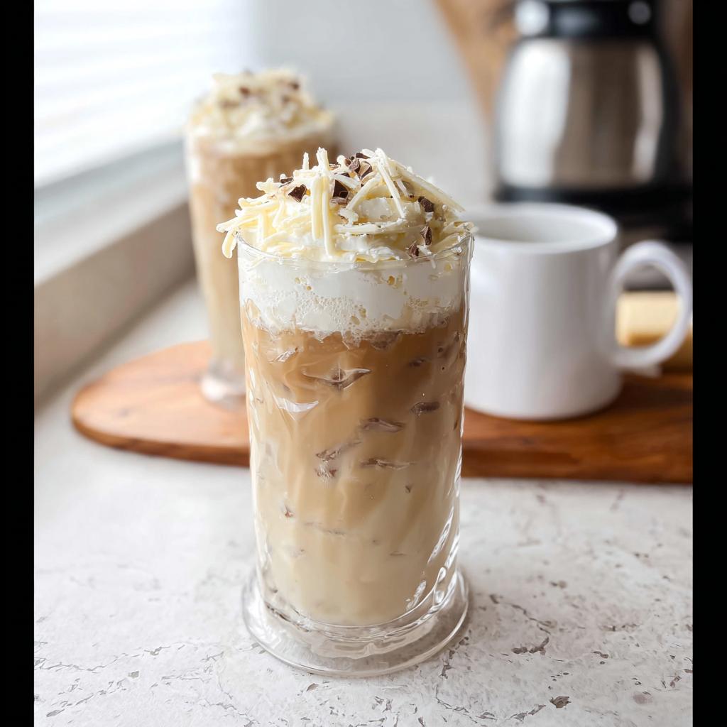 Close-up of a tall glass filled with an Iced White Chocolate Mocha, topped with whipped cream and white chocolate shavings.