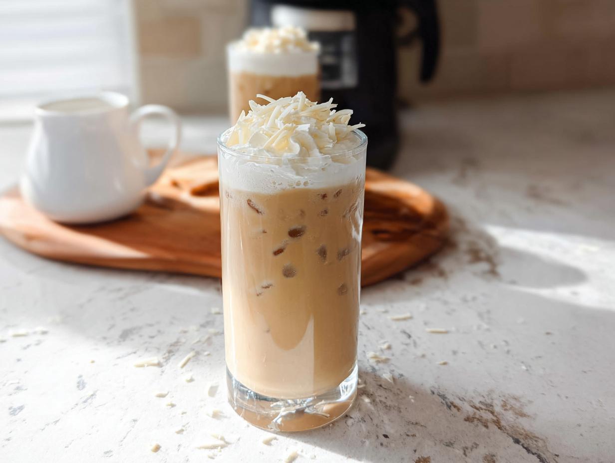 A tall glass filled with an Iced White Chocolate Mocha (Classic), topped with whipped cream and white chocolate shavings.