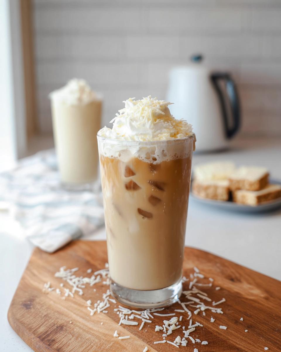 A tall glass of Iced White Chocolate Mocha topped with whipped cream and white chocolate shavings.