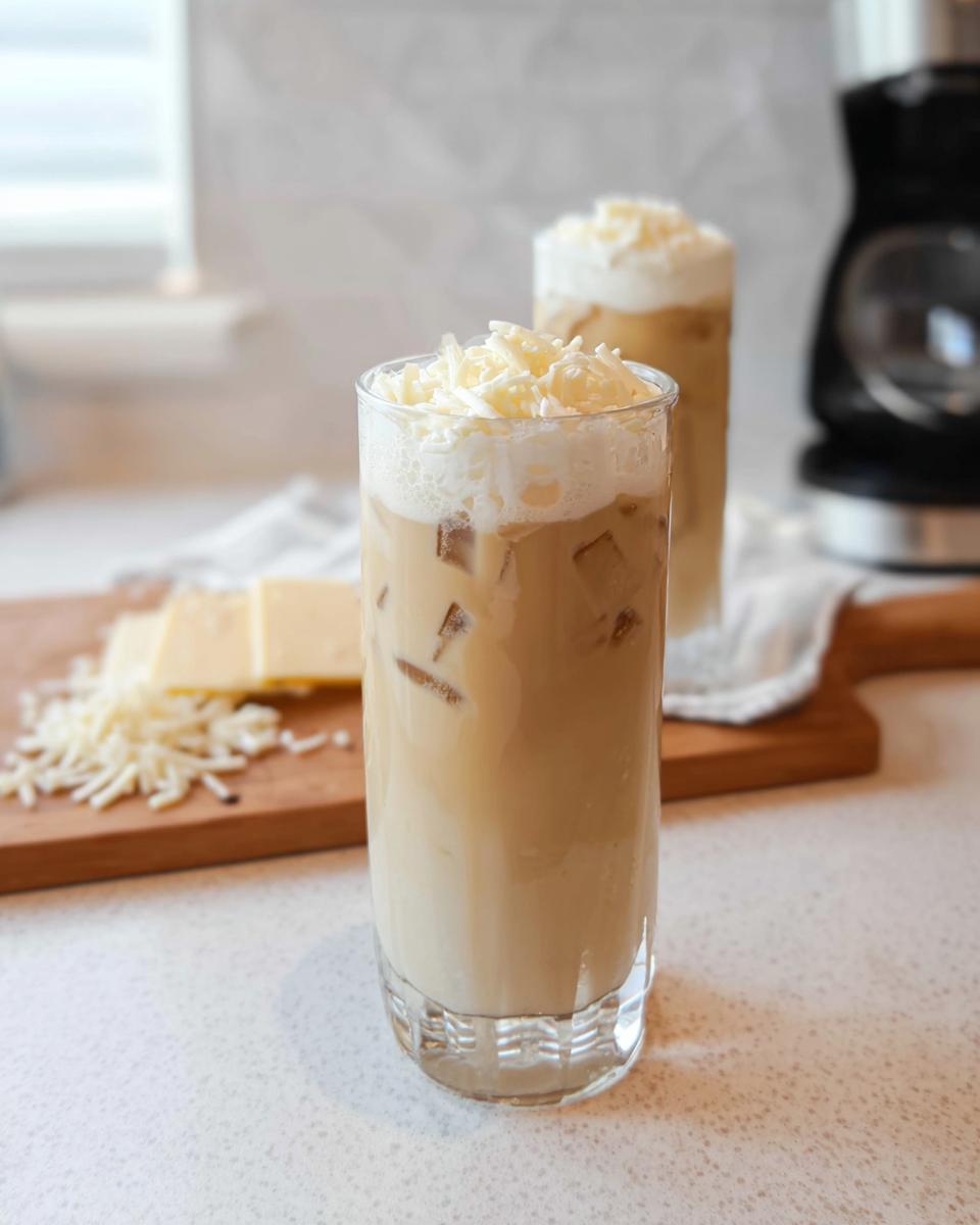 A tall glass of Iced White Chocolate Mocha topped with whipped cream and grated white chocolate.