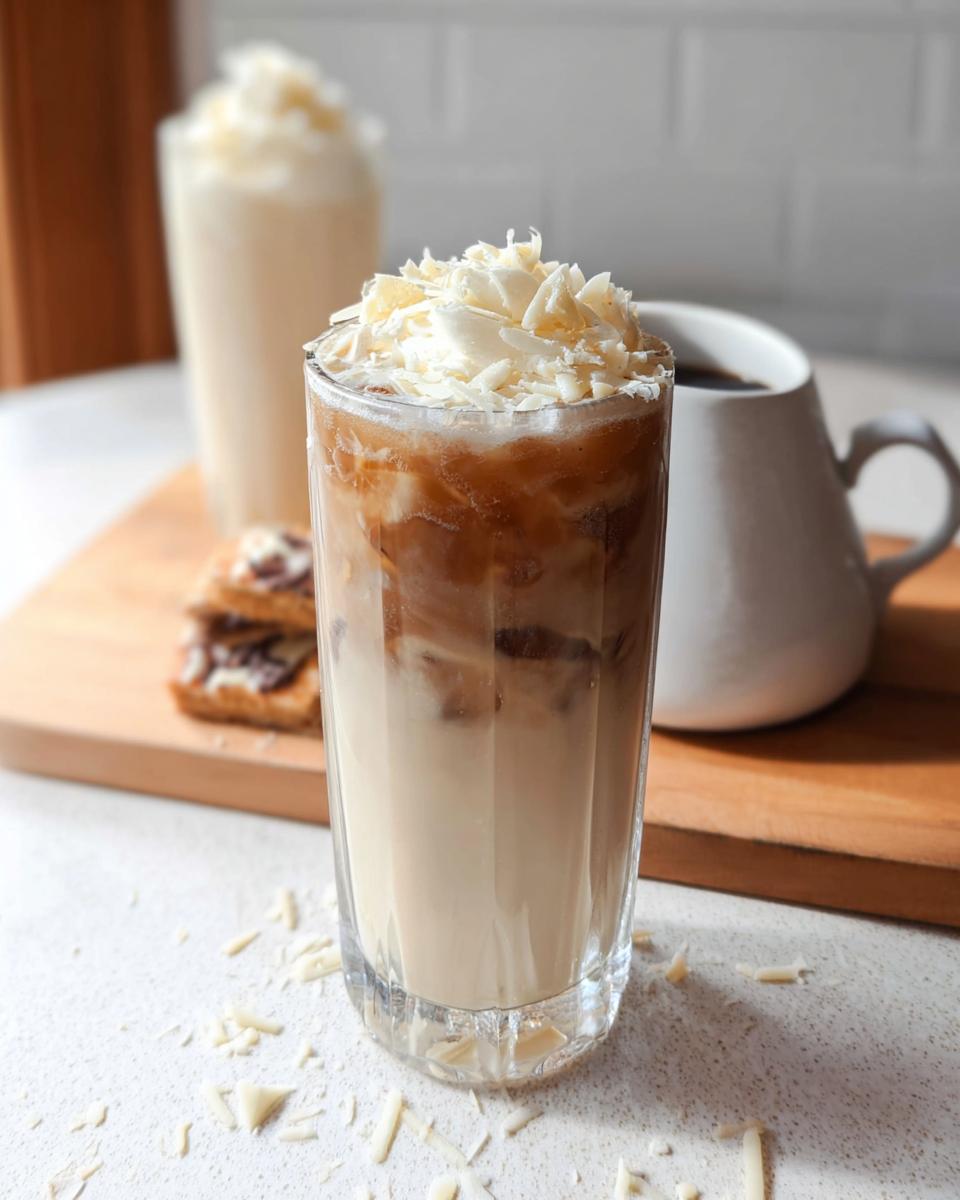 A tall glass of Iced White Chocolate Mocha layered with milk and espresso, topped generously with white chocolate shavings.