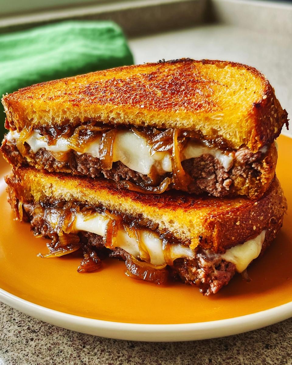 Close-up of a juicy ground beef sandwich with melted cheese and caramelized onions, part of the best ground beef recipes 2025.