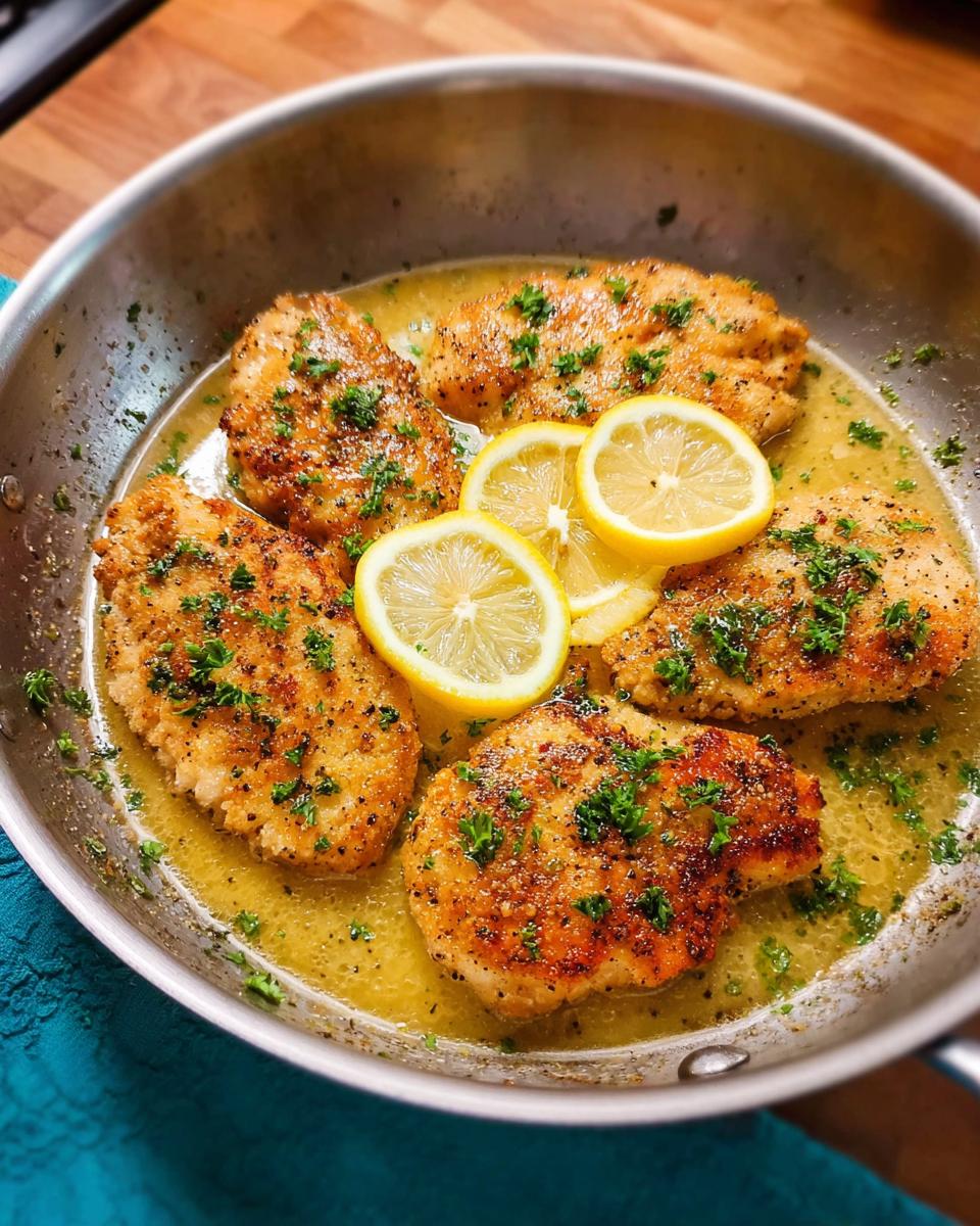 Pan-seared lemon chicken breasts with parsley and lemon slices, perfect for dinner recipes for busy weeknights.