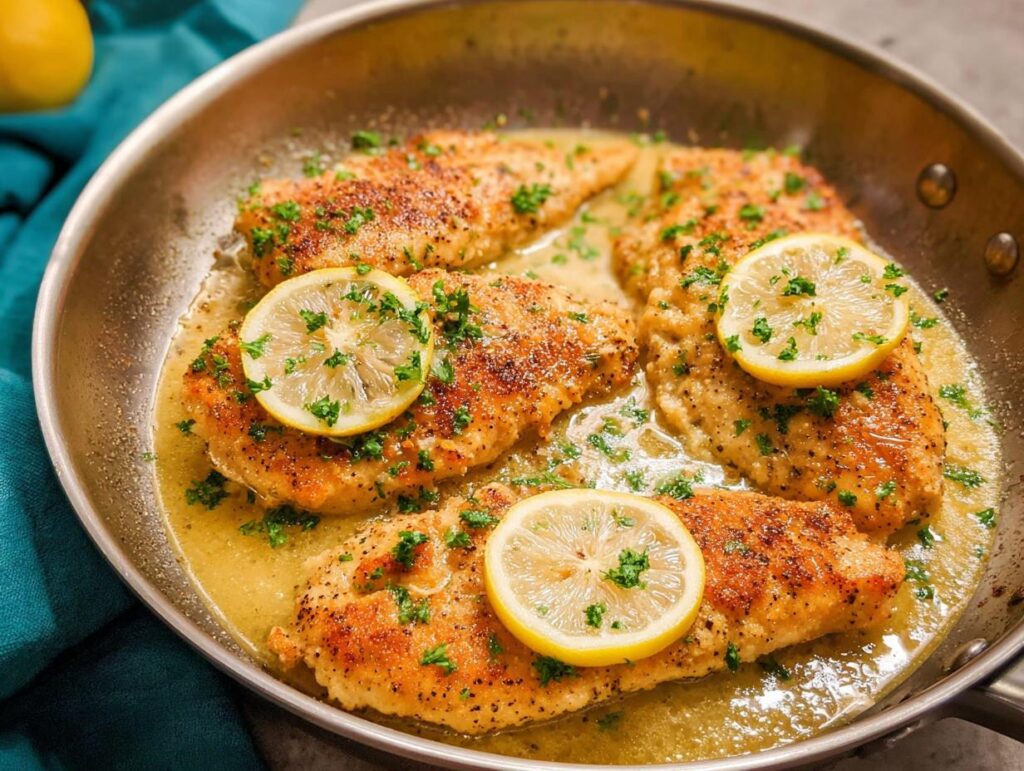 Four pan-seared chicken breasts in a lemon butter sauce, garnished with lemon slices and parsley. Perfect for dinner recipes for busy weeknights.