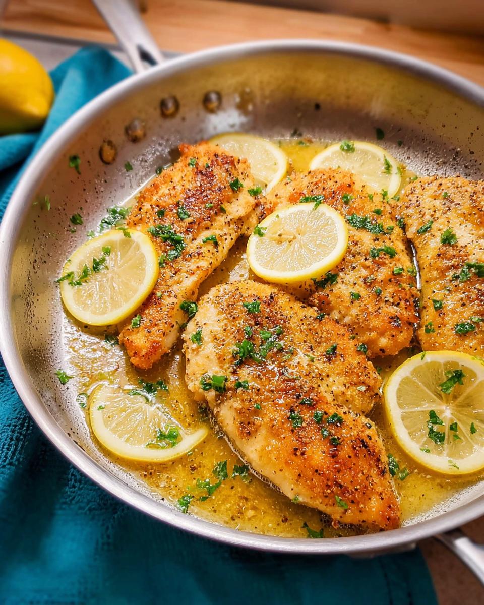 Pan-seared chicken breasts with lemon slices and parsley, perfect for dinner recipes for busy weeknights.