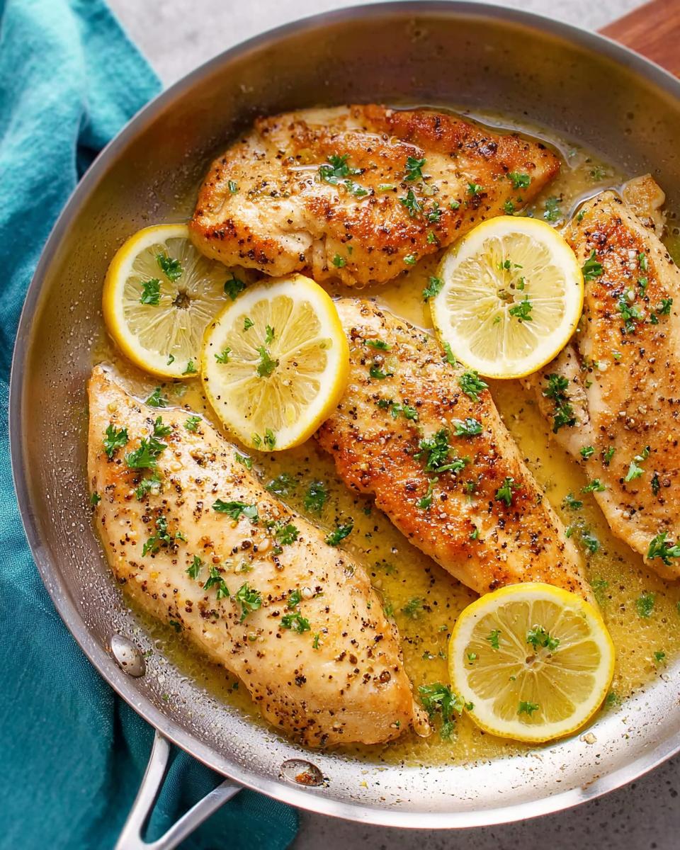 Pan-seared lemon garlic chicken breasts with fresh parsley and lemon slices, perfect for dinner recipes for busy weeknights.