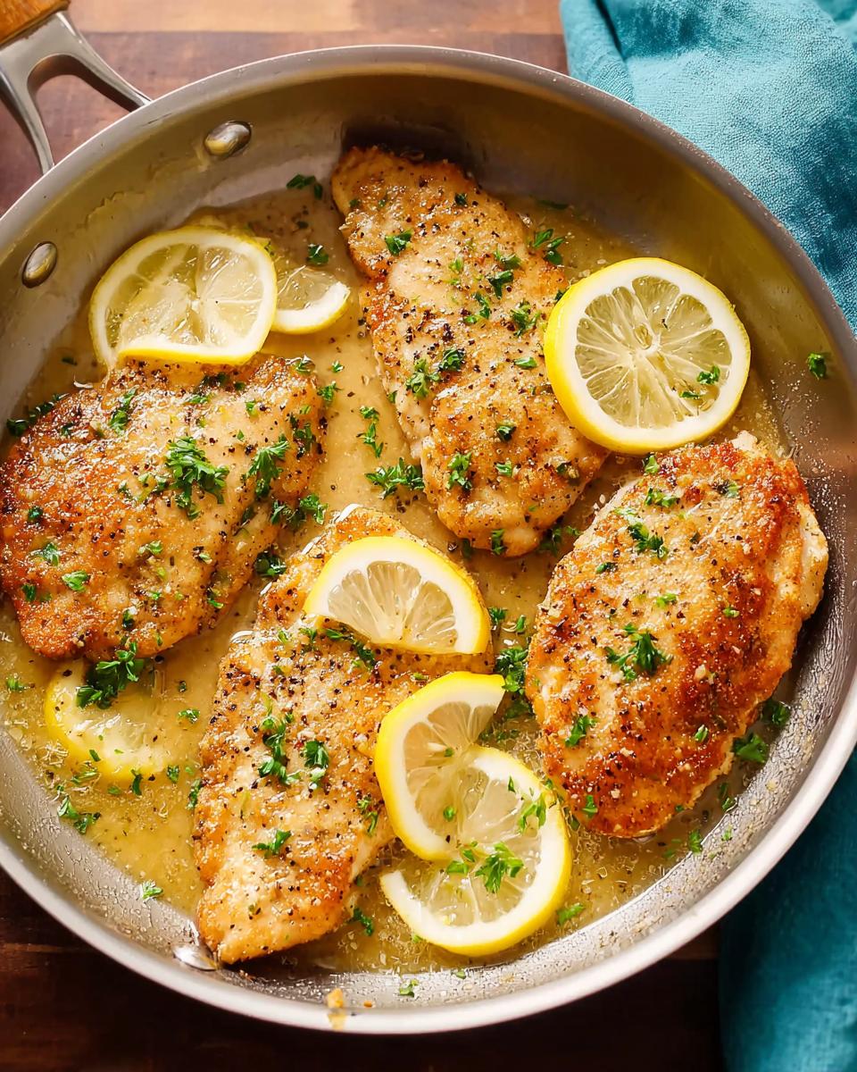 Pan-fried lemon garlic chicken breasts with fresh parsley and lemon slices, perfect for dinner recipes for busy weeknights.