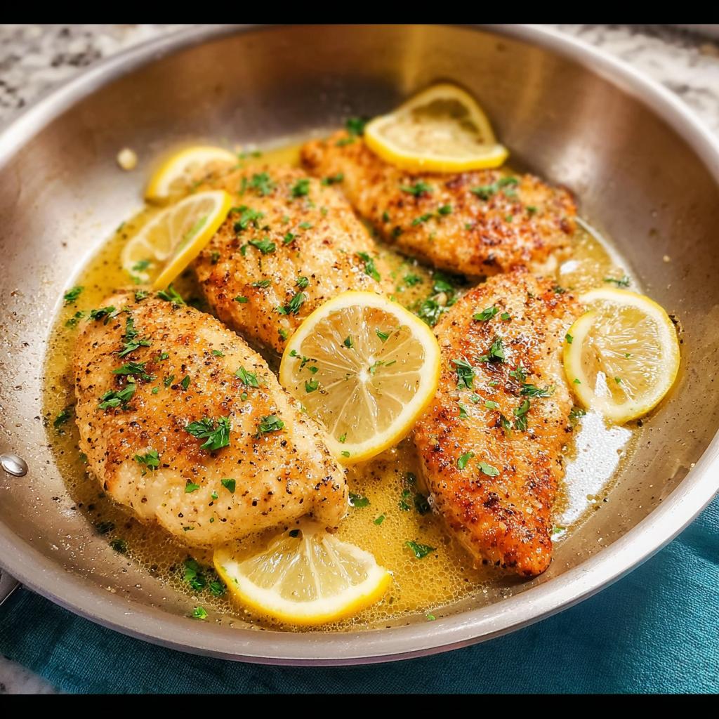 Four pan-seared chicken breasts in a lemon herb sauce, garnished with lemon slices and parsley, perfect for dinner recipes for busy weeknights.