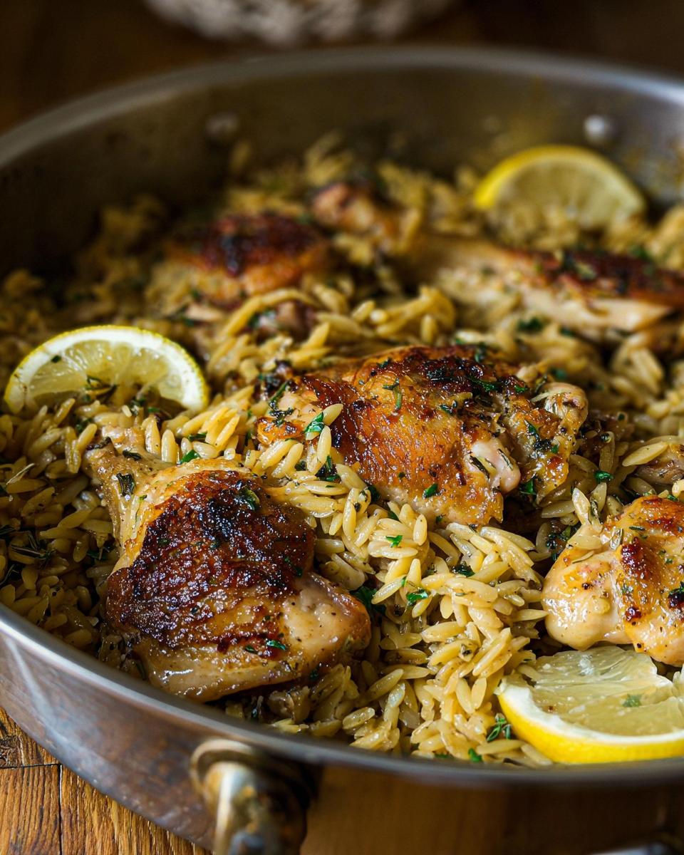 Close-up of crispy chicken thighs nestled in orzo pasta, garnished with lemon slices in the Lemon Herb Chicken Orzo Skillet.
