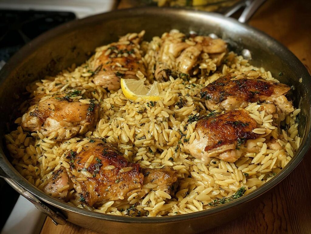 Close-up of Lemon Herb Chicken Orzo Skillet featuring five crispy chicken thighs nestled in seasoned orzo pasta.