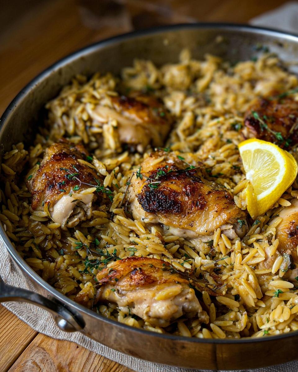 Close-up of Lemon Herb Chicken Orzo Skillet featuring crispy chicken thighs nestled in orzo pasta, garnished with thyme and lemon.