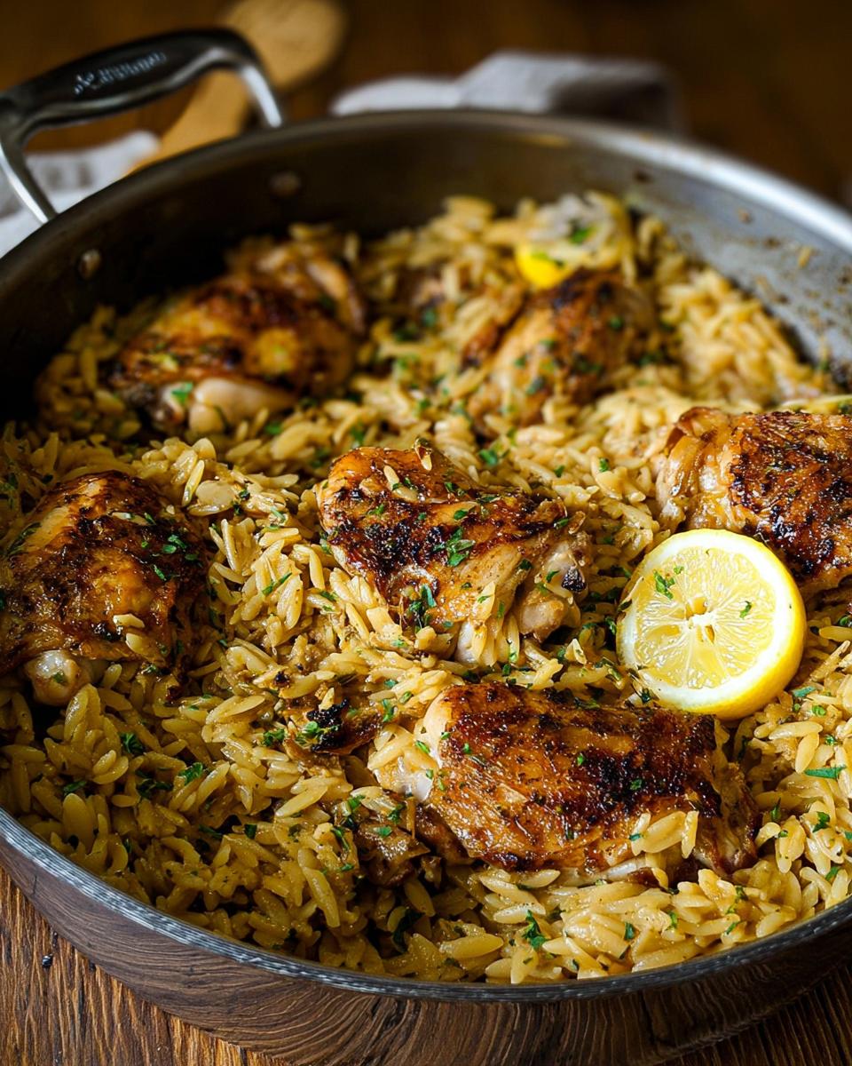 Close-up of golden-brown chicken thighs nestled in a skillet full of Lemon Herb Chicken Orzo Skillet.