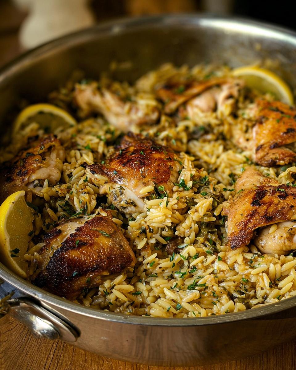 Close-up of crispy chicken thighs nestled in a skillet filled with Lemon Herb Chicken Orzo Skillet and lemon wedges.