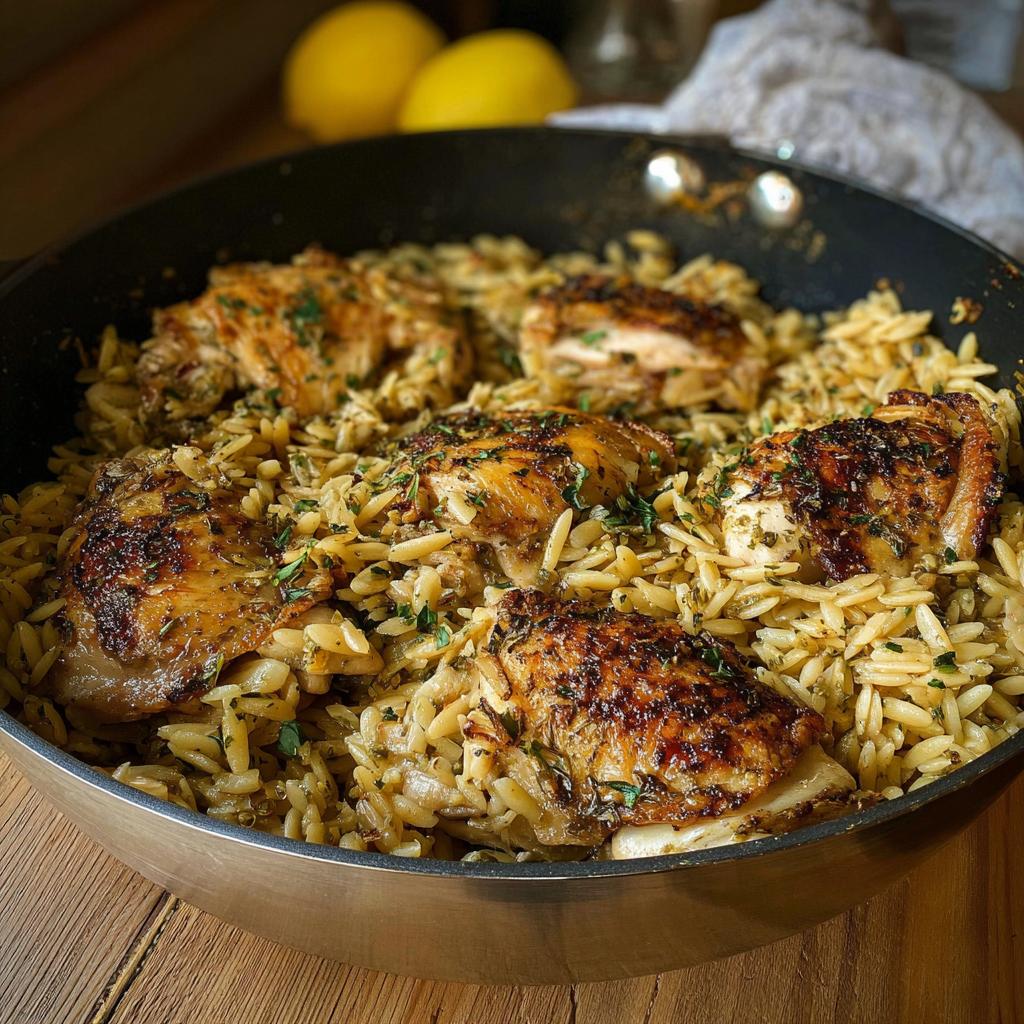 Close-up of golden-brown chicken thighs nestled in a skillet of Lemon Herb Chicken Orzo Skillet, garnished with herbs.