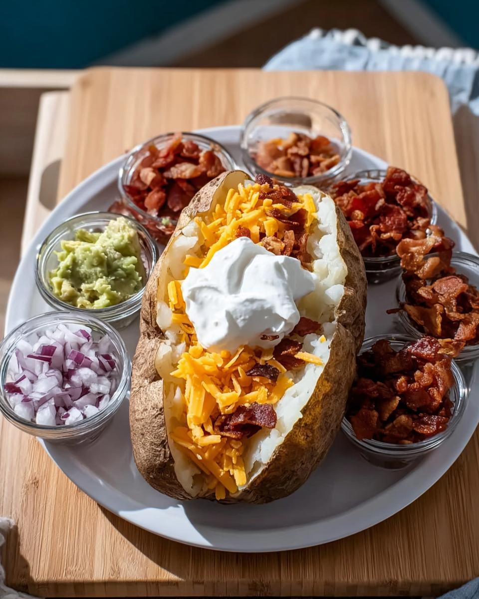 A fully loaded baked potato topped with cheese, bacon, and sour cream, surrounded by small bowls of toppings for Loaded Baked Potatoes.