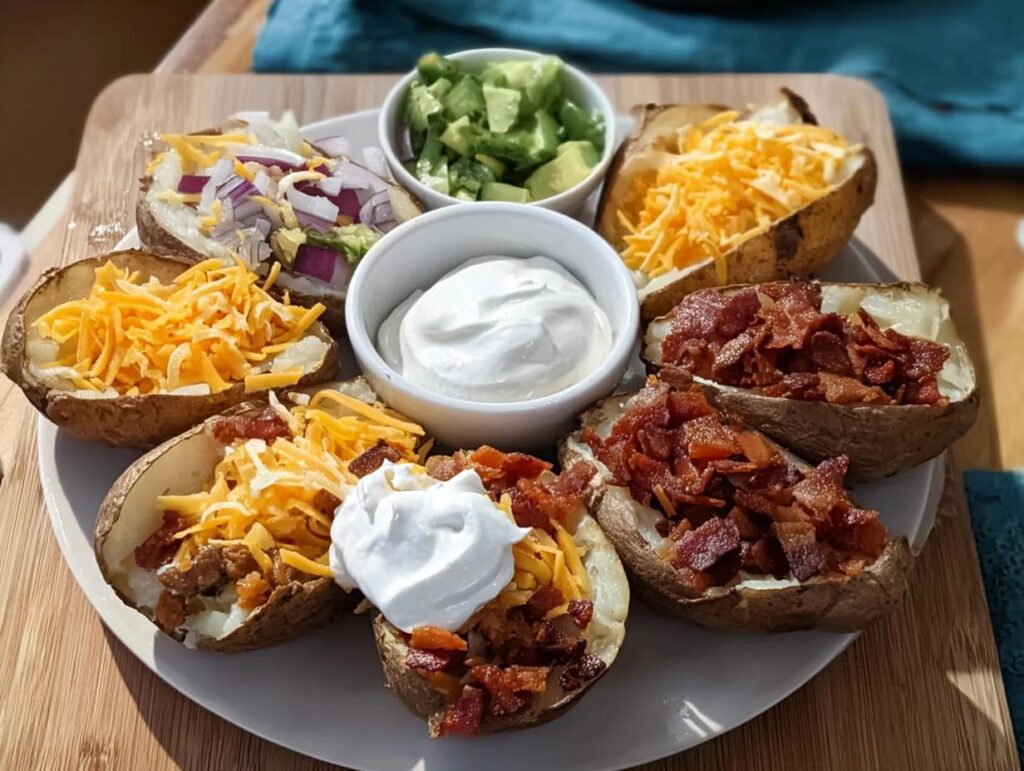 A platter featuring several Loaded Baked Potatoes halves with various toppings like bacon, cheese, sour cream, and avocado.