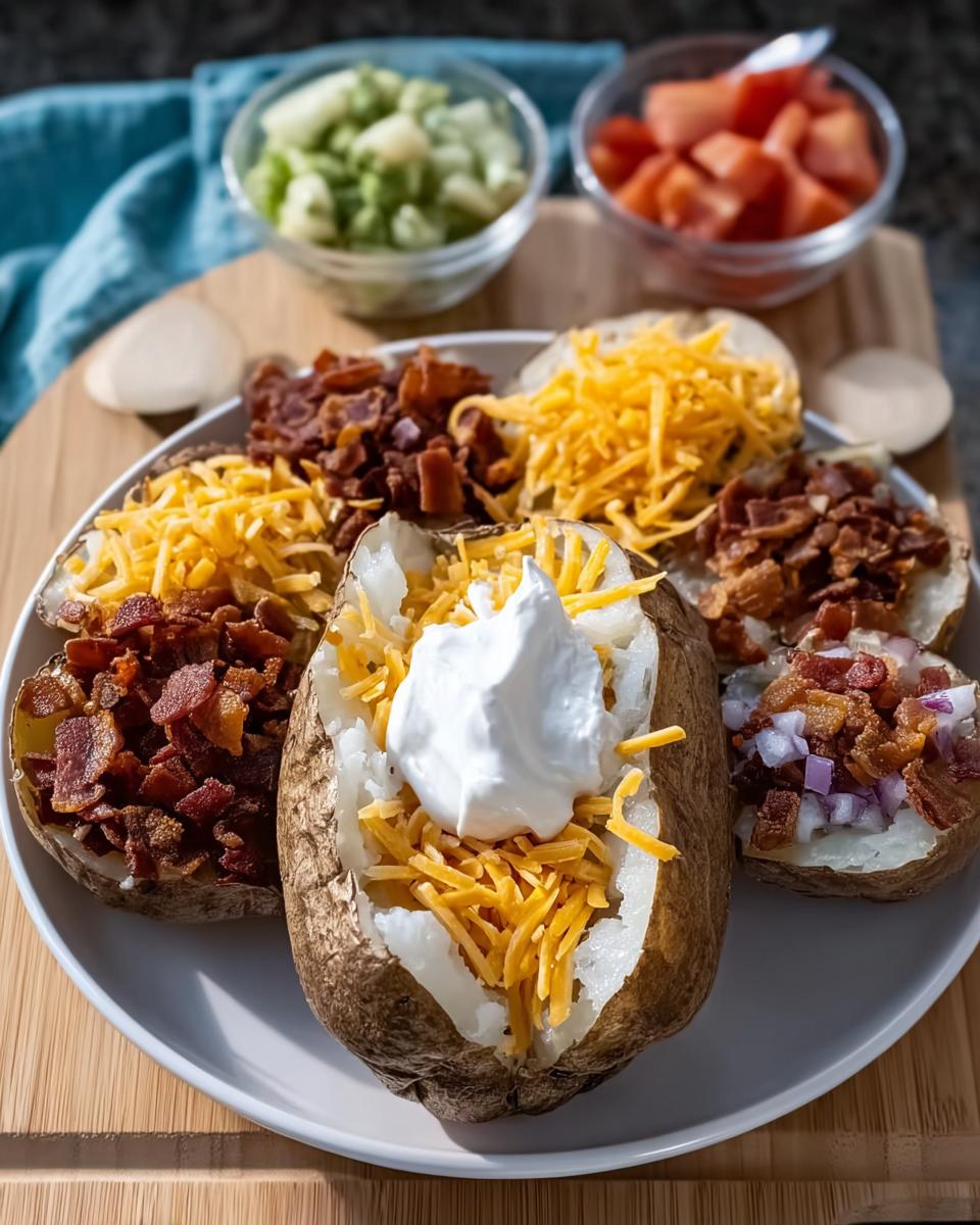 Several Loaded Baked Potatoes halves topped with cheese, bacon, and sour cream, ready for a bar night spread.