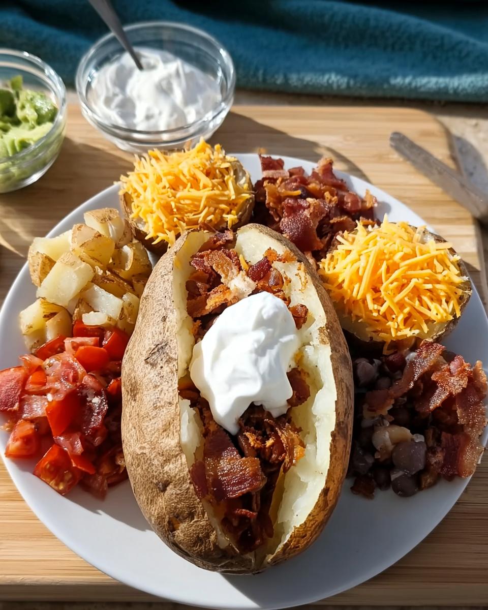 A fully loaded baked potatoes centerpiece surrounded by toppings like shredded cheese, bacon, and sour cream for a bar night meal.