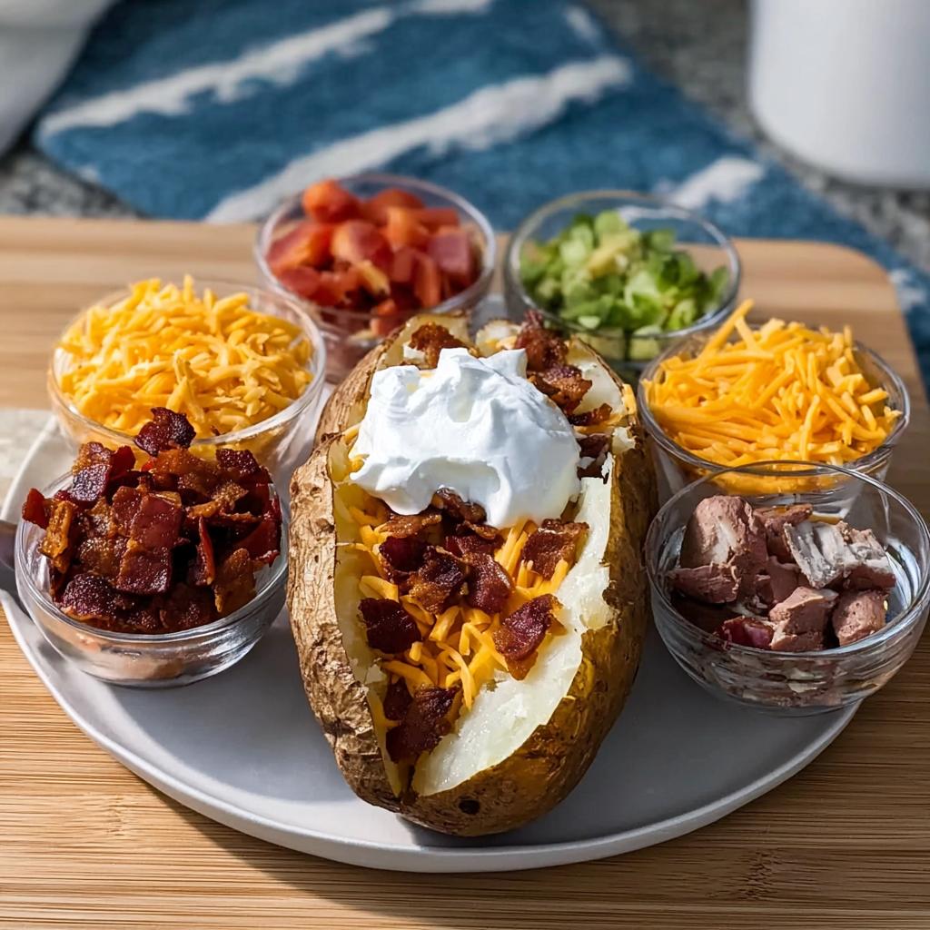 A fully loaded baked potato topped with cheese, bacon, and sour cream, surrounded by bowls of toppings for Loaded Baked Potatoes.