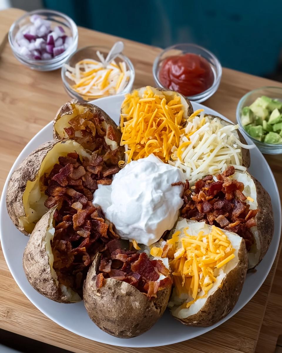 A plate featuring several halved Loaded Baked Potatoes surrounded by toppings like bacon, sour cream, and shredded cheese.