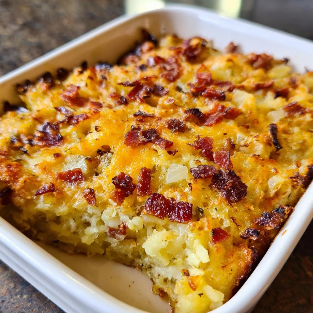 A close-up of the baked Loaded Breakfast Casserole with Bacon and Potatoes, showing melted cheese and crispy bacon bits.
