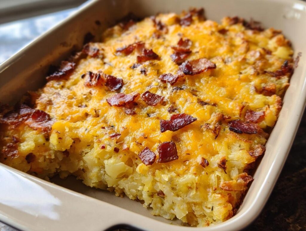 Close-up of a baked Loaded Breakfast Casserole with Bacon and Potatoes topped with melted cheddar cheese.