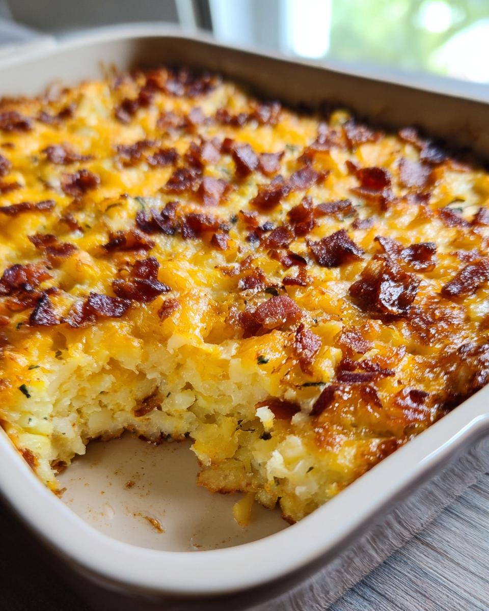 Close-up of a baked Loaded Breakfast Casserole with Bacon and Potatoes, showing a scoop removed.