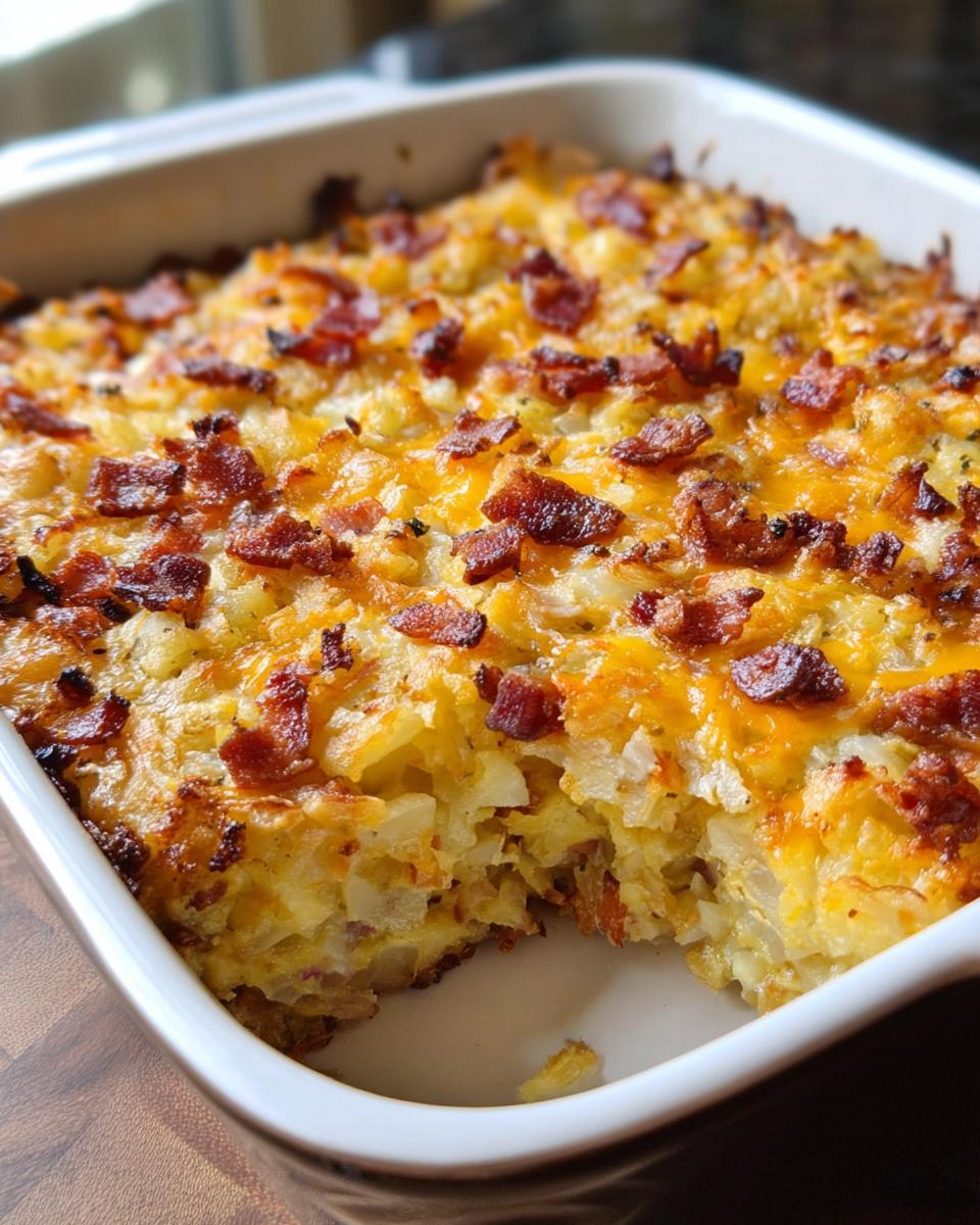 Close-up of a freshly baked Loaded Breakfast Casserole with Bacon and Potatoes, showing melted cheese and crispy bacon bits.